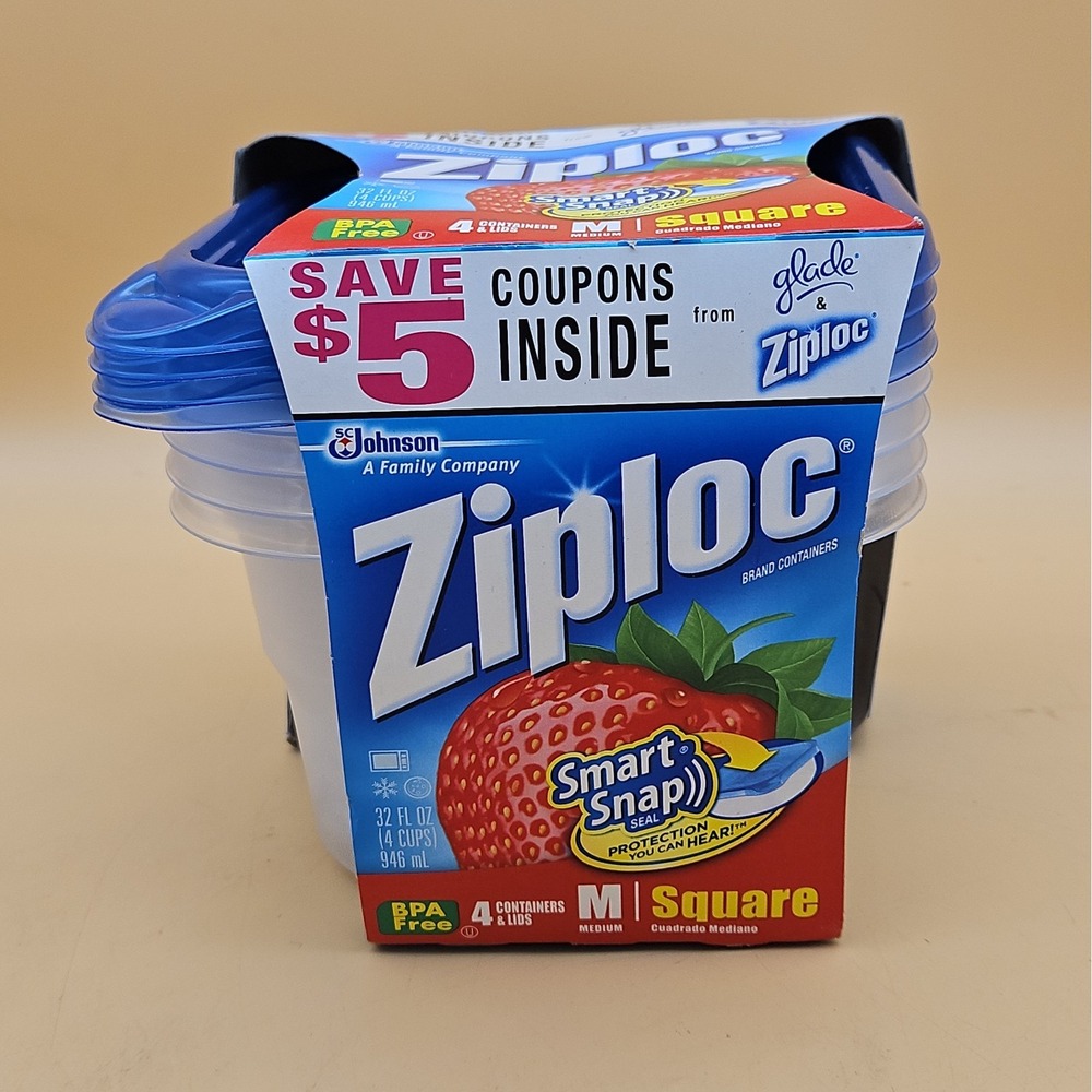 New Ziploc Medium Square Containers Blue 4 Ct. 4 Cups OR  32 oz. Snap N' Seal